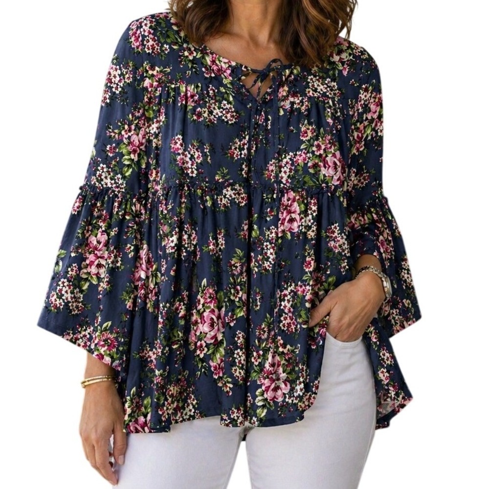 Robert Louis Floral Peplum Blouse Womens Small Blue Pink Bell Sleeve Tie Neck